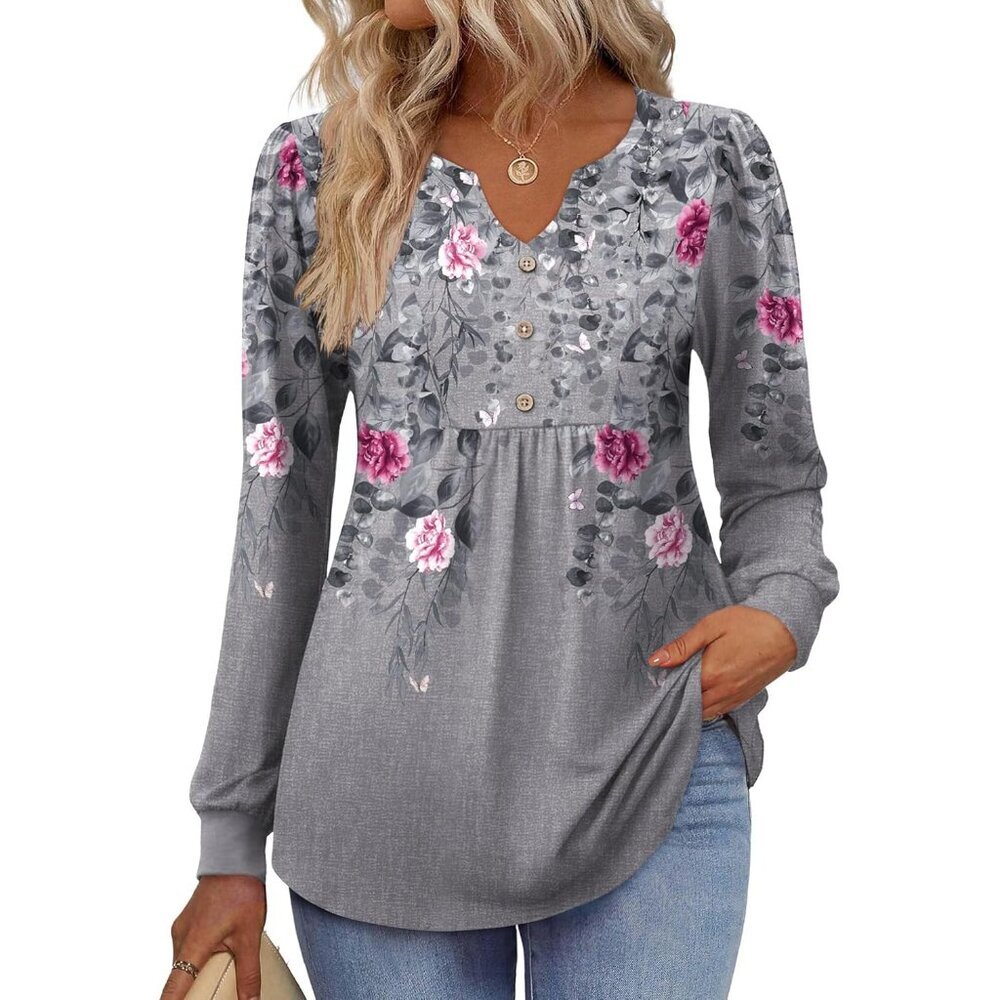 Floral V-Neck Long Sleeve Tee - Gray with Pink Floral - Picture 2 of 6